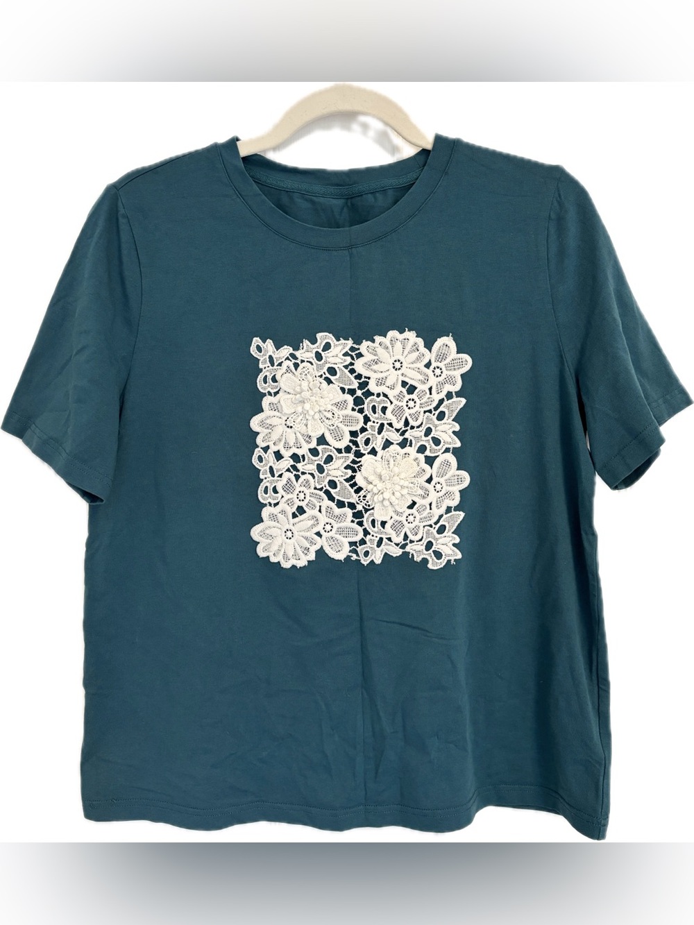 Teal Women’s Short Sleeve Tee with 3D Lace Applique
